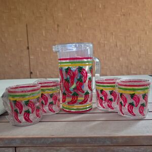 Acrylic Pitcher w Lid & Cups Set Chili Pepper Print Summer Drinkware NWOT